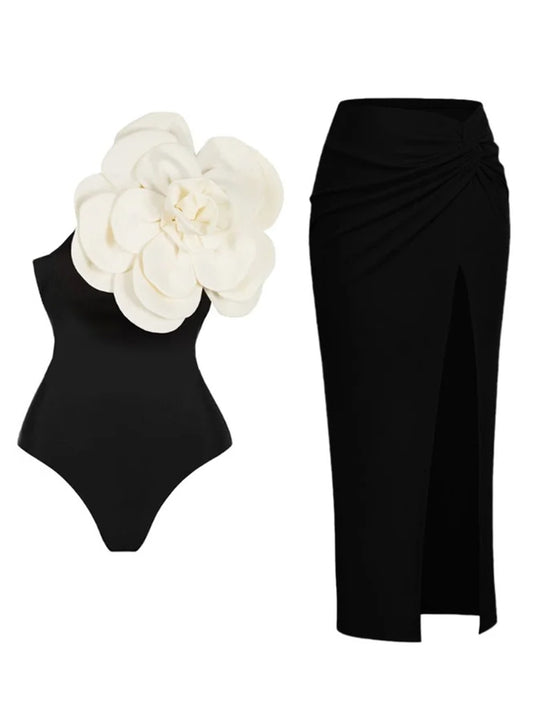 Exaggerated 3d Flower One Piece Swimsuit and Skirt