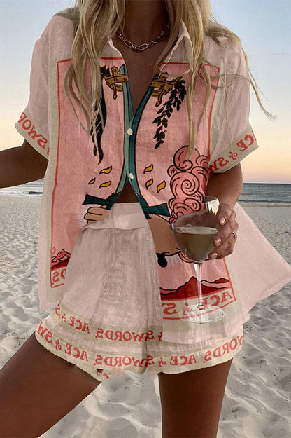 Tarot Print Loose Button Elastic Waist Shorts Set