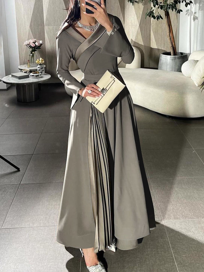 A-line Wrap Pleated Color Split-joint V-neck Maxi Dresses