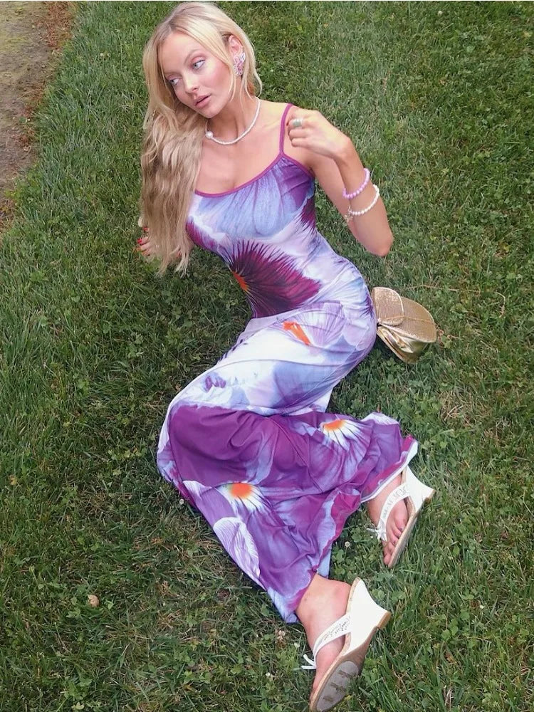 Printed Contrast Spaghetti Dress Female Backless High Waist Patchwork Summer Maxi Dress Halter Dresses