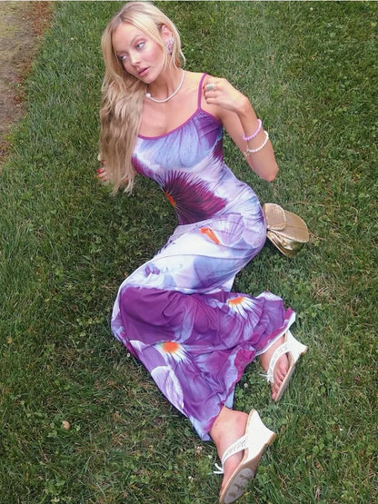 Printed Contrast Spaghetti Dress Female Backless High Waist Patchwork Summer Maxi Dress Halter Dresses