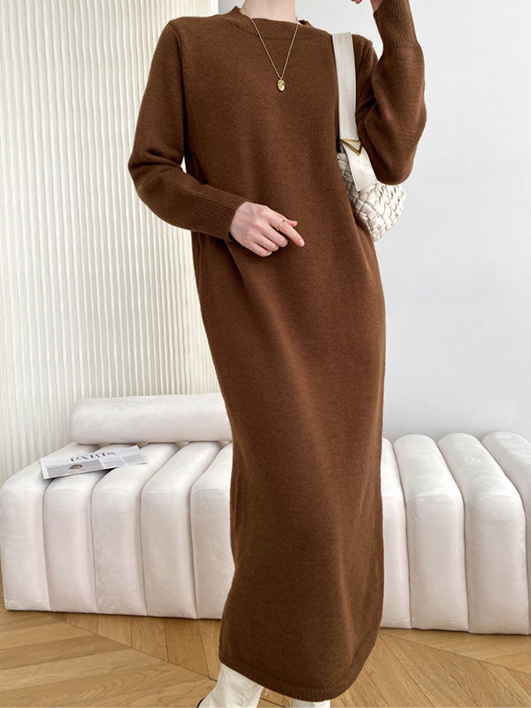Urban Loose Long Sleeves Color Round-neck Sweater Dresses