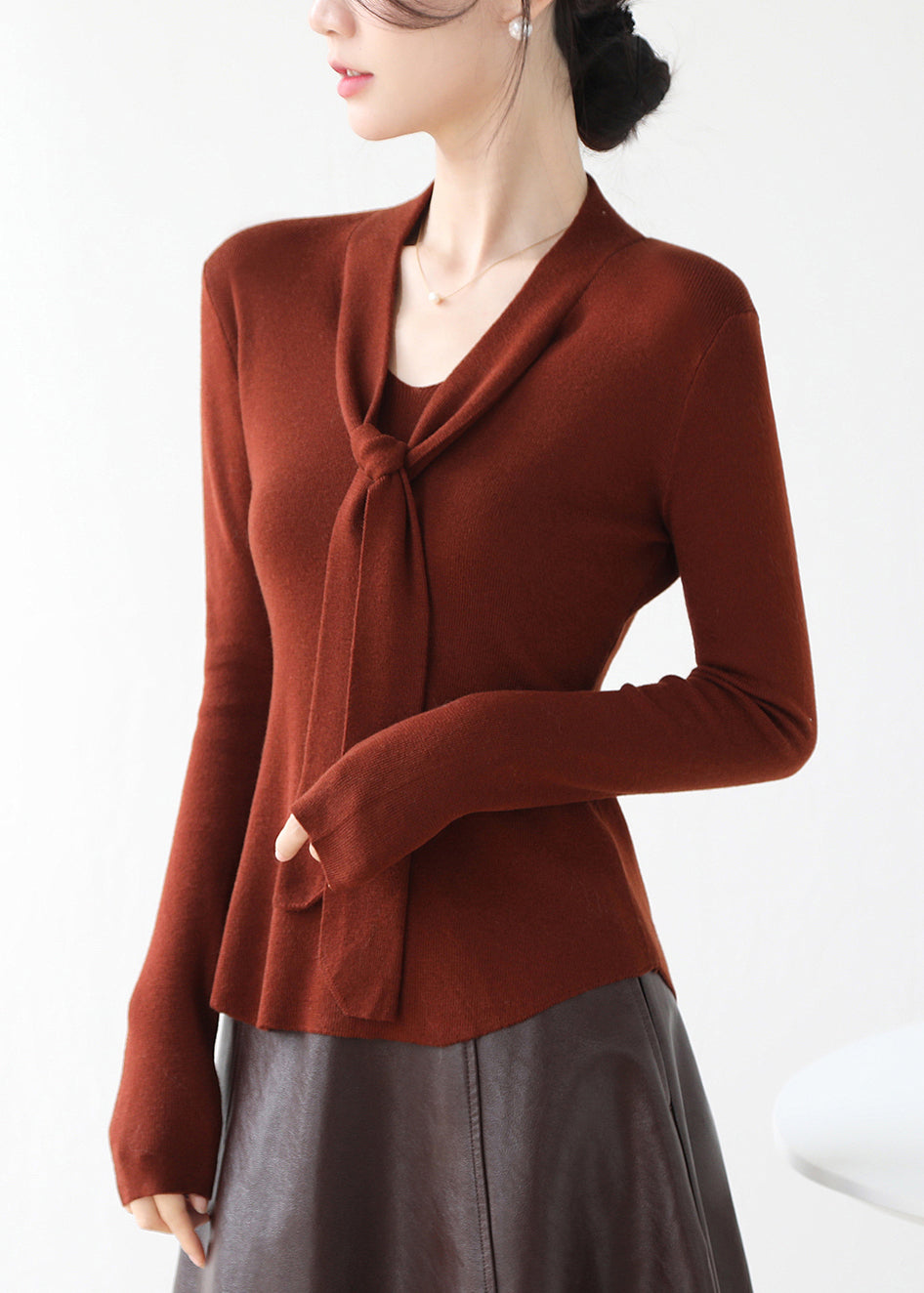 Fine Brown V Neck Lace Up Knit Sweater Fall Winter Rv030