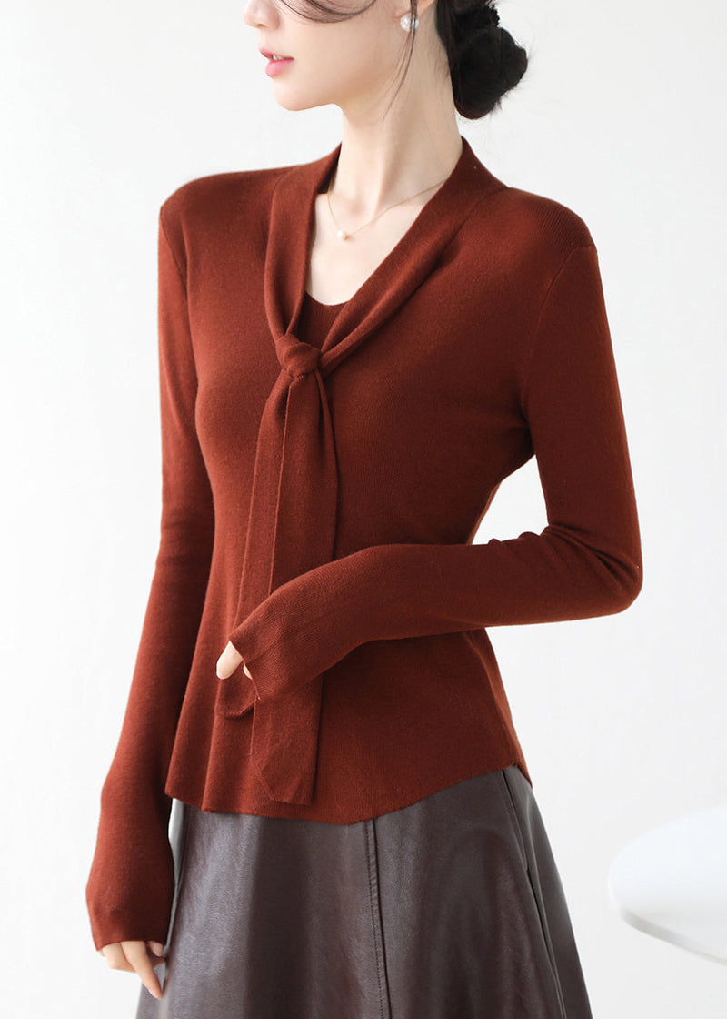 Fine Brown V Neck Lace Up Knit Sweater Fall Winter Rv030