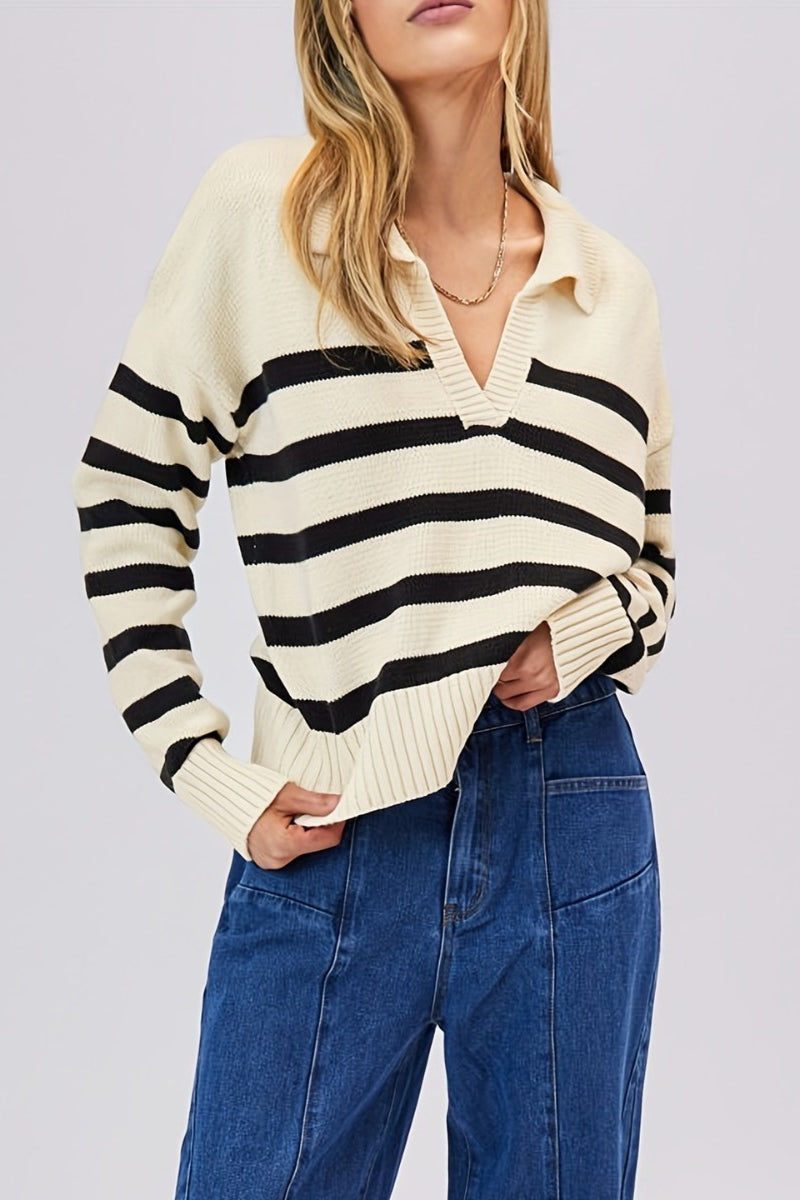Striped Wool Collar V-neck Sweater