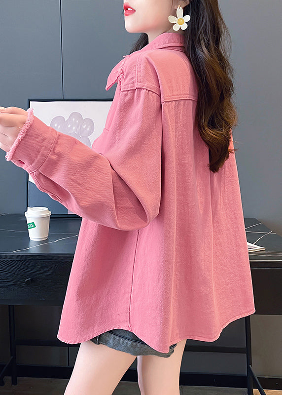 Pink Peter Pan Collar Pockets Denim Shirts Coat Fall Qx021