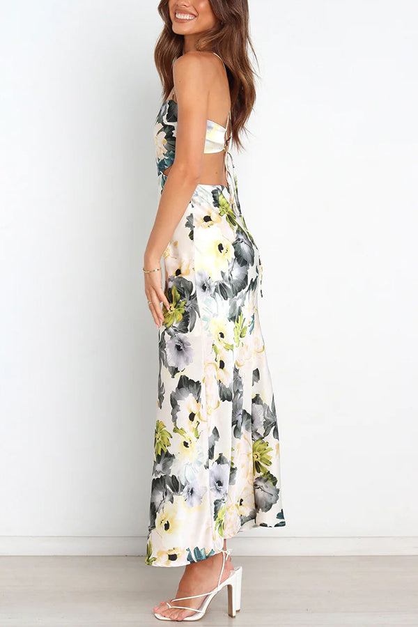 Garden Party Satin Cut Out Back Lace-up Maxi Dress
