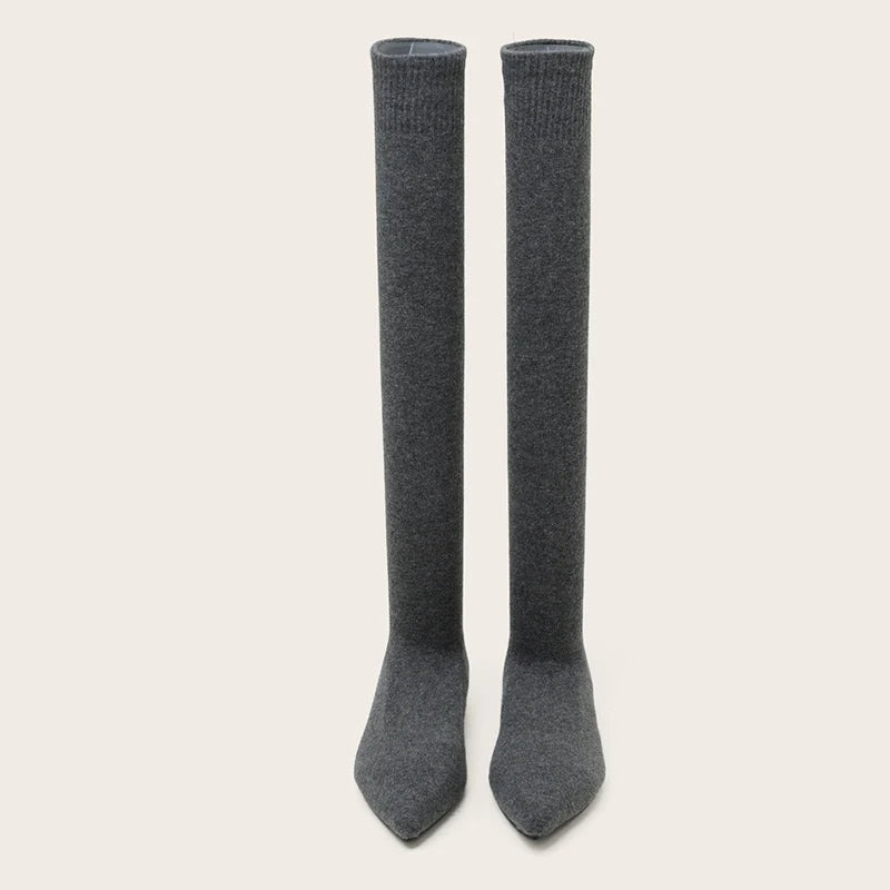 Size 34-40 ’s Black Thigh High Sock Boots – Slim Leg Stretch Fabric Pointed Toe Flat Heels Over the Knee Slip on Shoes