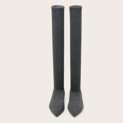 Size 34-40 ’s Black Thigh High Sock Boots – Slim Leg Stretch Fabric Pointed Toe Flat Heels Over the Knee Slip on Shoes