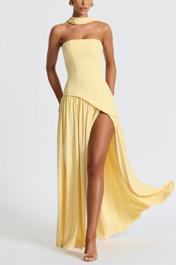 Off Shopulder Chiffon Pleated Hem Scarf Slit Maxi Dress