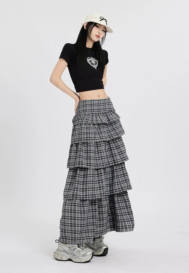 Plaid Tiered Maxi Skirt