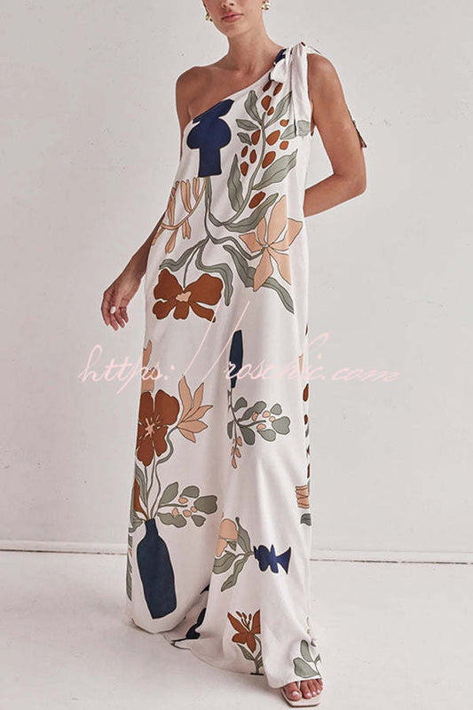 Matches the Vacation Unique Print One Shoulder Tie-up Pocketed Loose Maxi Dress