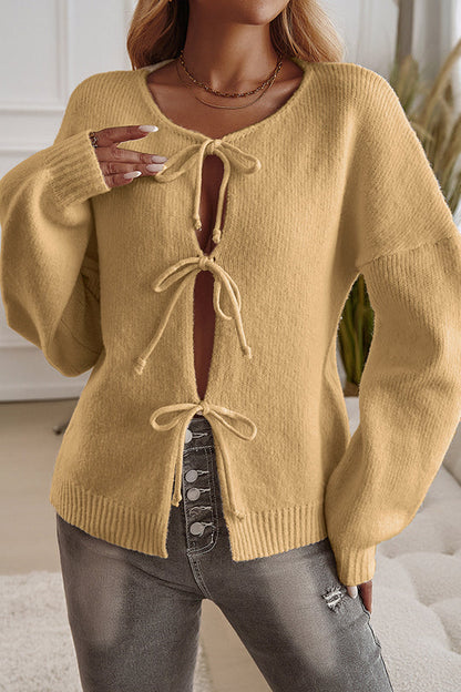 Color Loose Lace-up Knitted Sweater