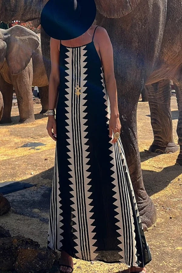 Take a Trip Print Backless A-line Maxi Dress