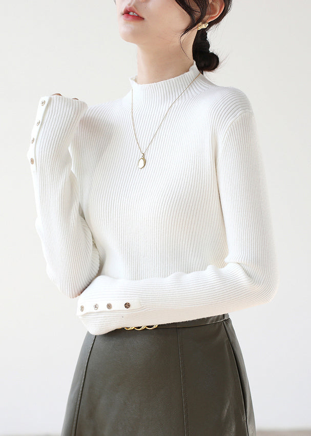 New White Hign Neck Button Patchwork Knit Sweater Winter Rv026