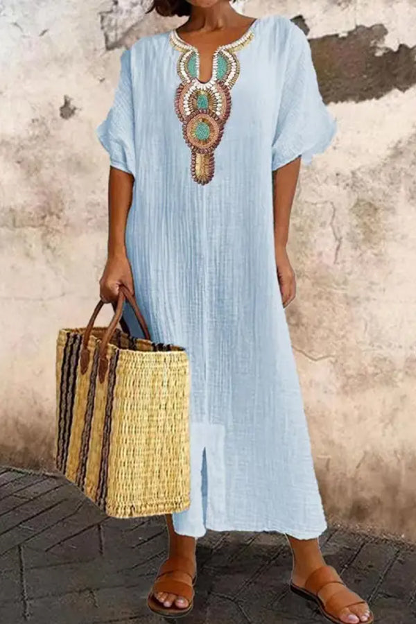 V-neck Loose Retro Print Short-sleeved Maxi Dress