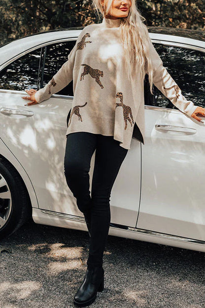 High Neck Side Slit Cheetah Pattern Sweater