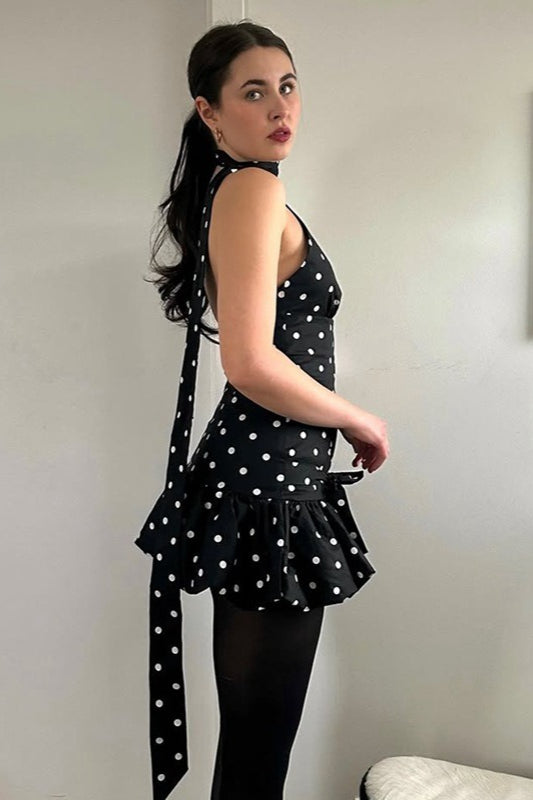 Polka Dot Tie Backless Mini Dress