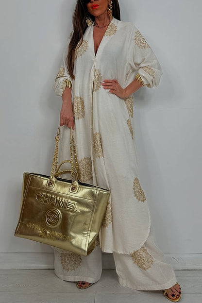 Unique Printed V-neck Long Sleeve Long Shirt and Elastic Waist Pocket Wide Leg Pants Set