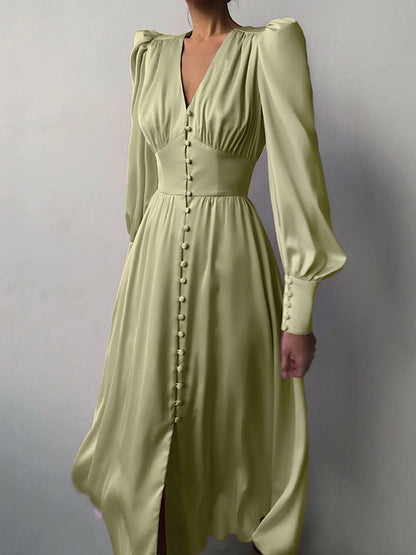 A-line High Waisted Buttoned Pleated Color V-neck Midi Dresses