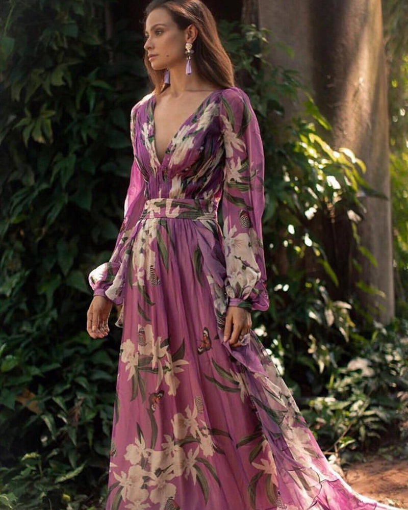 Printed Dress V-neck Long-sleeved Large Skirt