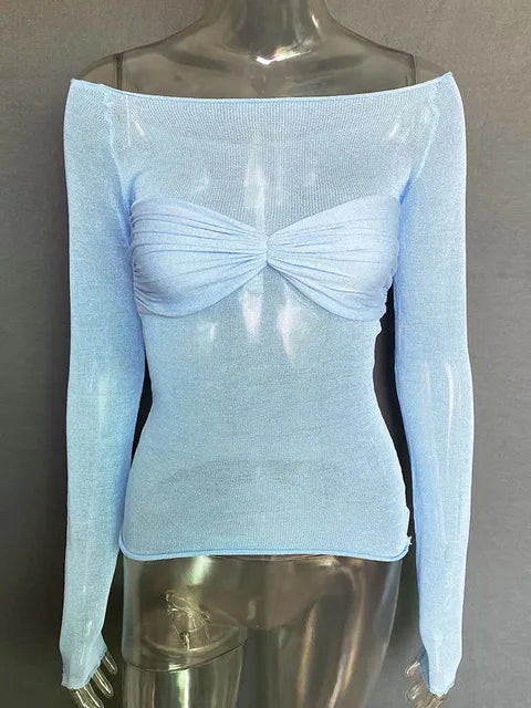 Long Sleeve Shoulder Gauze T-shirts Slim Versatile T-shirt Spring Female Off Shouler Tops