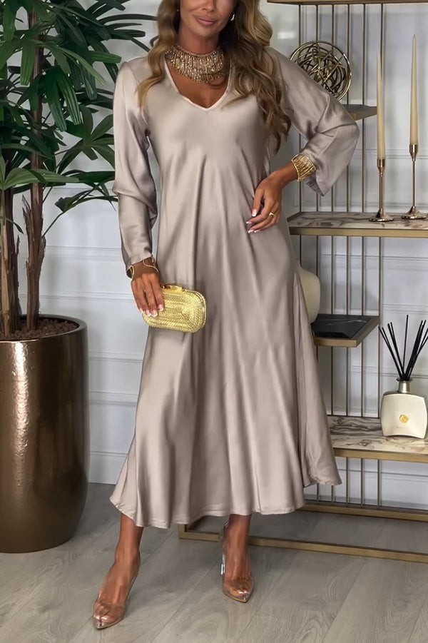 Color V-neck Long-sleeved Loose Draped Maxi Dress