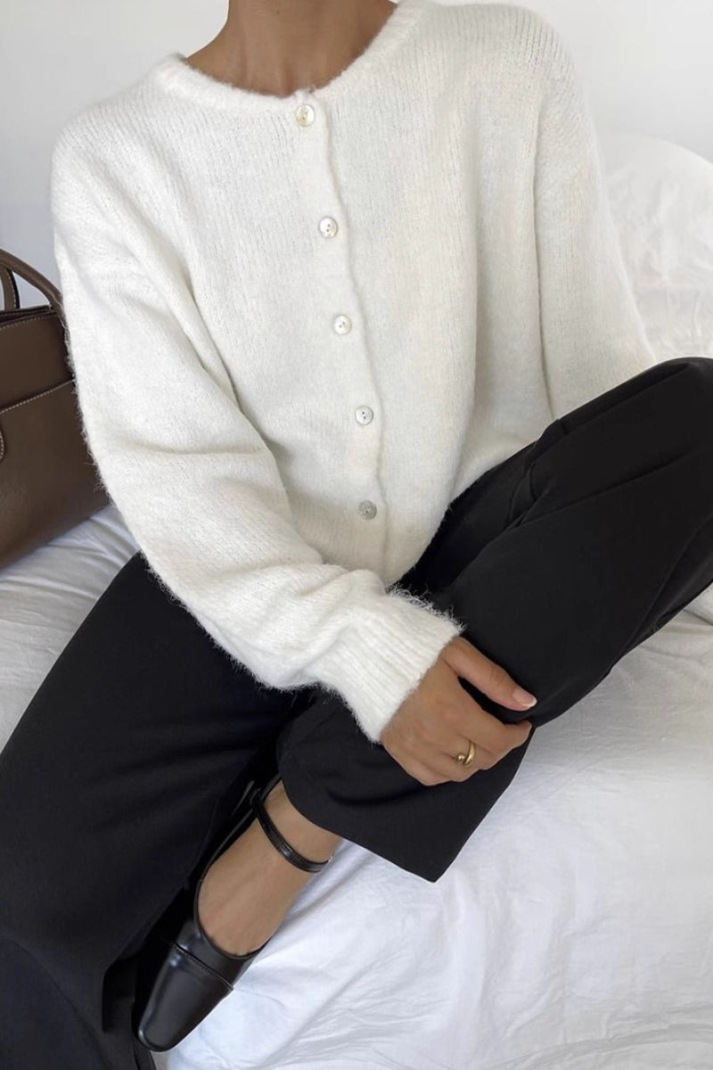 Versatile Soft Retro Shell Button Gray Wool Knit Cardigan