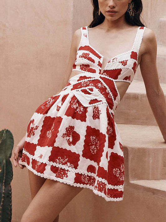 Decorative Unique Print V-neck Hollow A-line Mini Dress