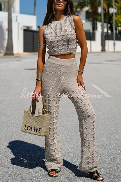 Color Hollow Sleeveless Round Neck Knitted Vest and Stretch Straight Pants Set
