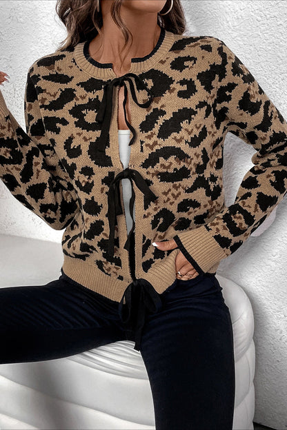Knitted Leopard Ribbon Tie Cardigan
