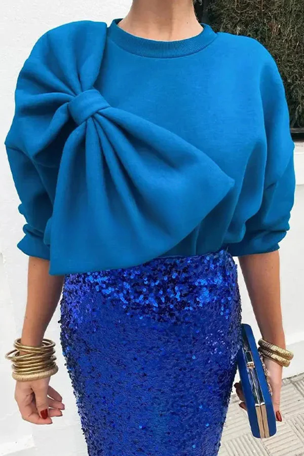 Color Round Neck Long Sleeve Bow Loose Sweatshirts