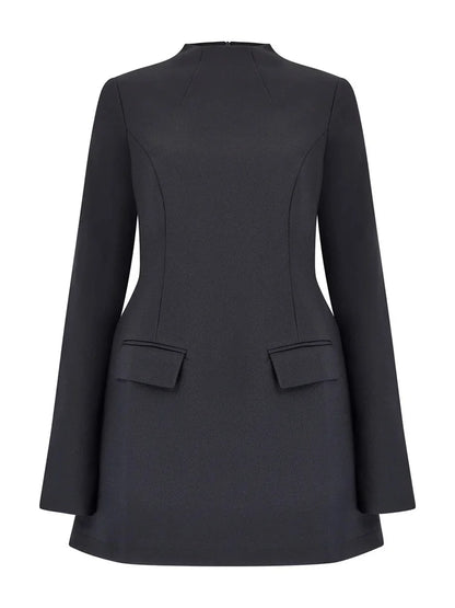 Female Autumn Mini Dress ’s Pocket Patchwork Slim Long Sleeve Commute Clothes Female Mini Dress