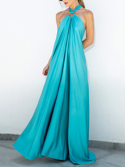 A-line Loose Backless Color Tied Halter-neck Maxi Dresses