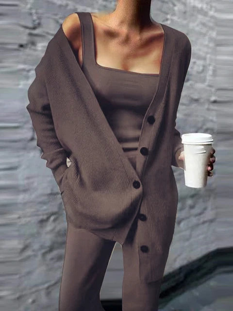 Knitted 3 Pices Set Cardigan Tops Tank Top and Loose Long Pants Suit Tracksuit Fall Winter