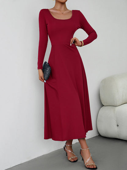 A-line High Waisted Color Tied Waist U-neck Midi Dresses