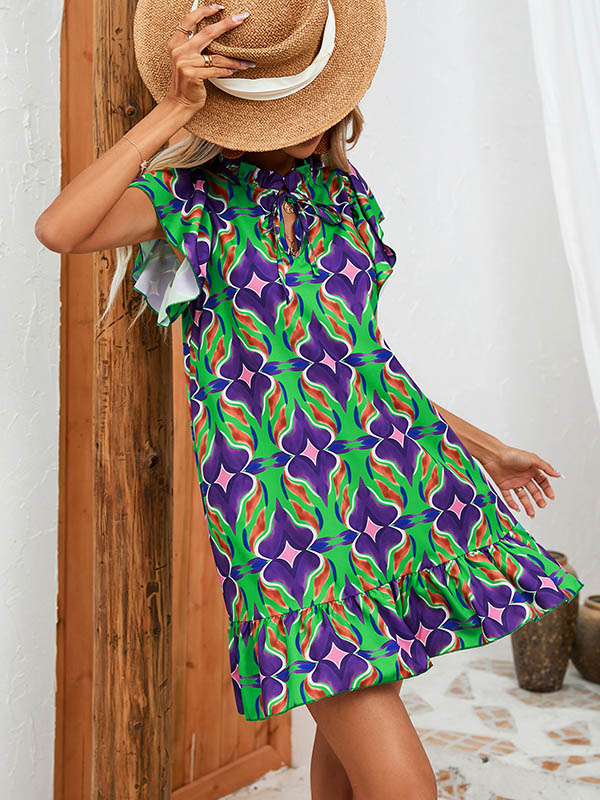 A-line High Waisted Hollow Pleated Printed Split-joint Tied Round-neck Mini Dresses