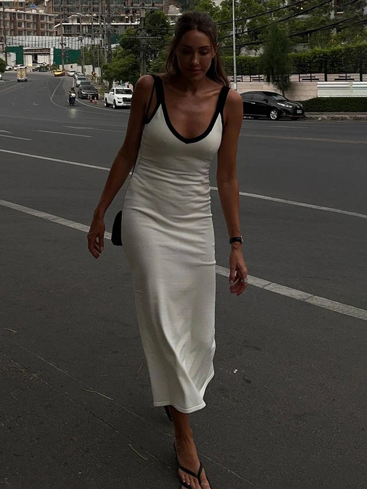Knit Suspender Split Long Dress Sleeveless Block Color Beach Vacation V-neck Knitwear Bodycon Dress