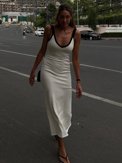 Knit Suspender Split Long Dress Sleeveless Block Color Beach Vacation V-neck Knitwear Bodycon Dress New