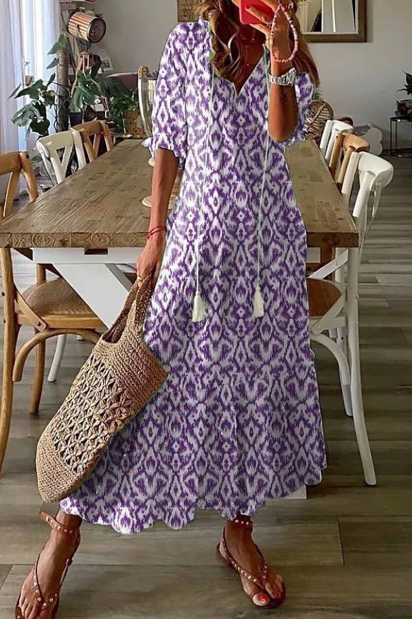 Geometric Print V Neck Maxi Dress
