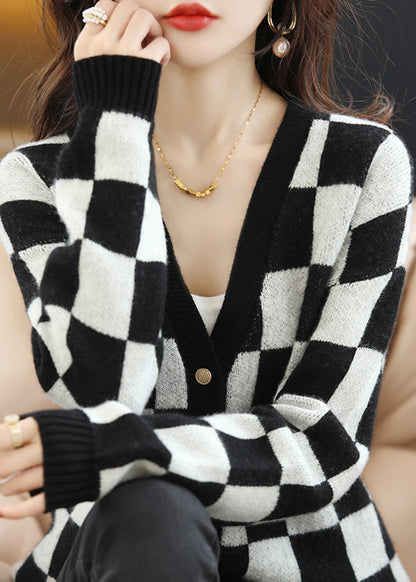 Stylish Coffee V Neck Plaid Woolen Loose Coat Fall Qc047