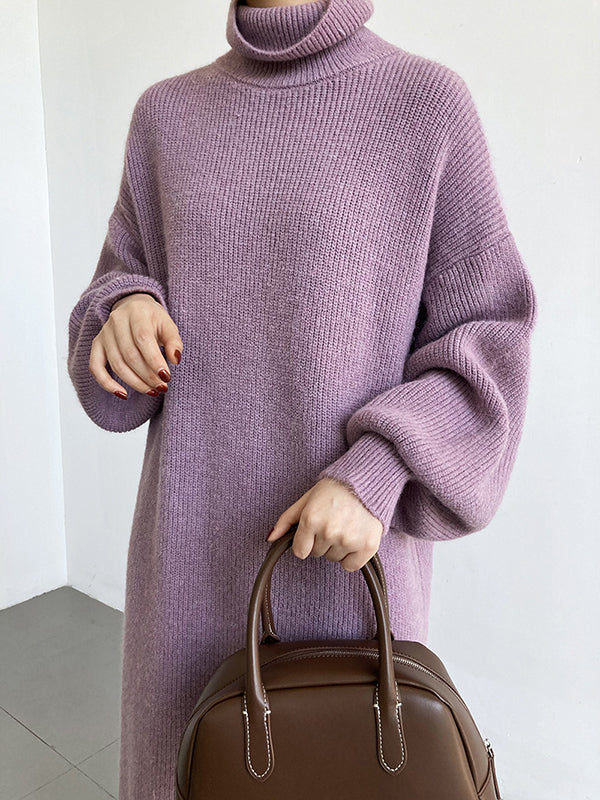 Urban Loose Purple High-neck Long Puff Sleeve Sweater Dress An1052