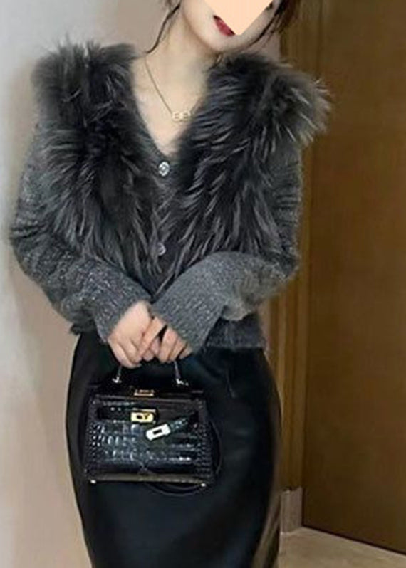 Art Grey V Neck Fur Collar Cotton Knit Sweater Winter Wv027