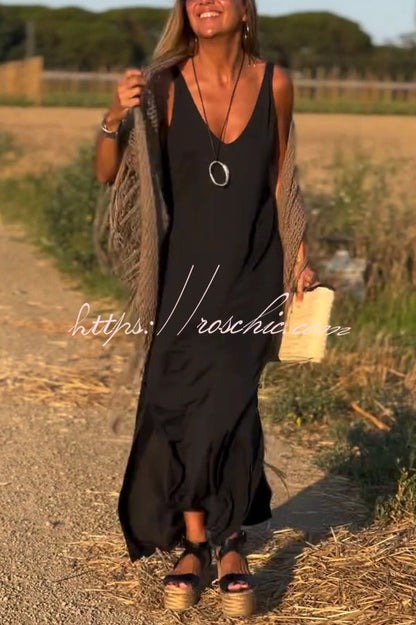 Color V-neck Sleeveless Loose Maxi Dress
