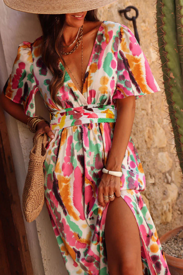 Tie-dye Print V Neck Maxi Dress