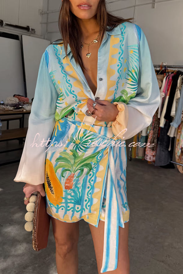 See You in Rio Tropical Fruits Print Button Long Sleeve Loose Blouse