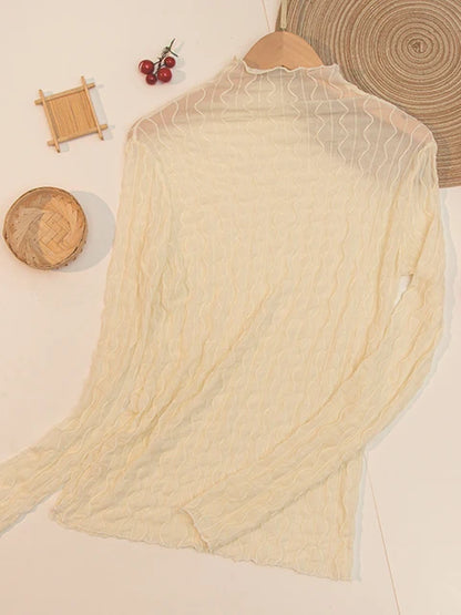 Lace Mesh High Collar Bottom T-shirts Female Long Sleeve Autumn Style Tight Thin Tops T-shirts Clothes