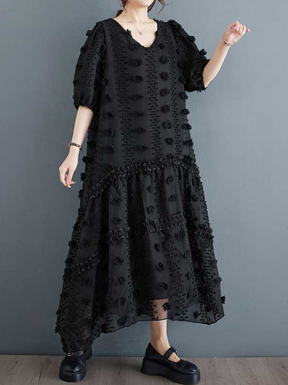 A-line Half Sleeves Elasticity Jacquard Color Split-joint V-neck Midi Dresses
