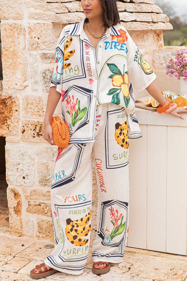 Summer Plant Fruit Print Short Sleeve Shirt and Elastic Waist Loose Wide Leg Pants Set
