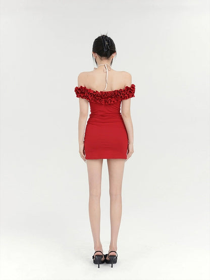 Red Ruffle Shoulder Mini Dress